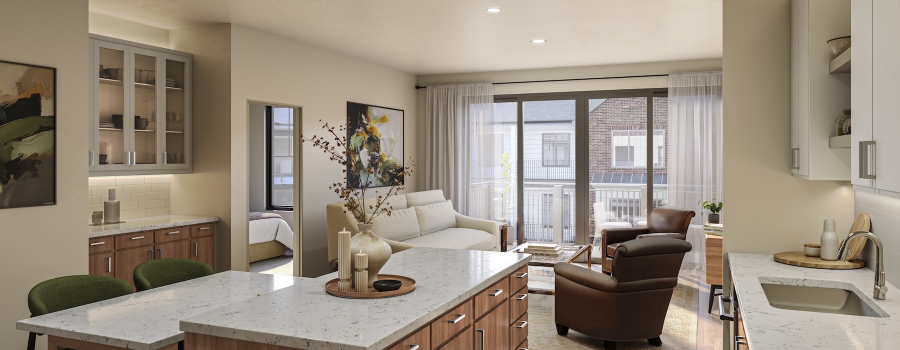 A kitchen with granite countertops